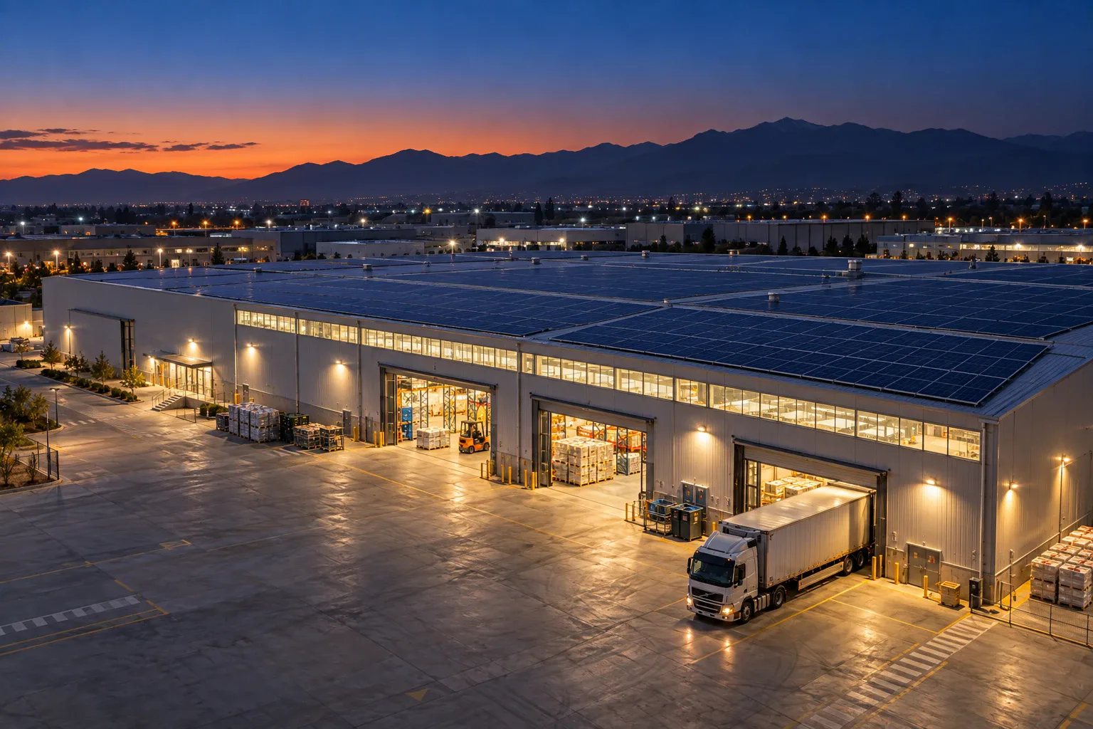 Planta industrial con paneles solares en el techo, iluminada al anochecer