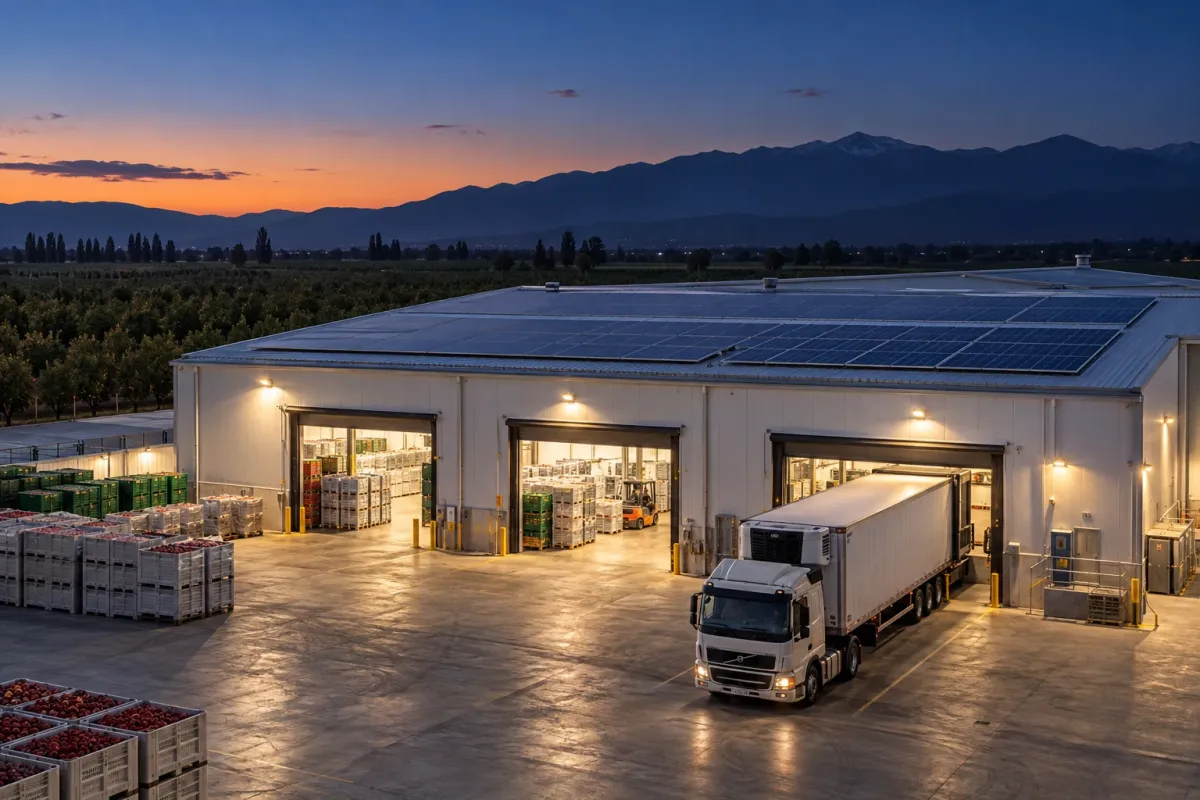 Packing con cámaras de frío y paneles solares en el techo, al anochecer