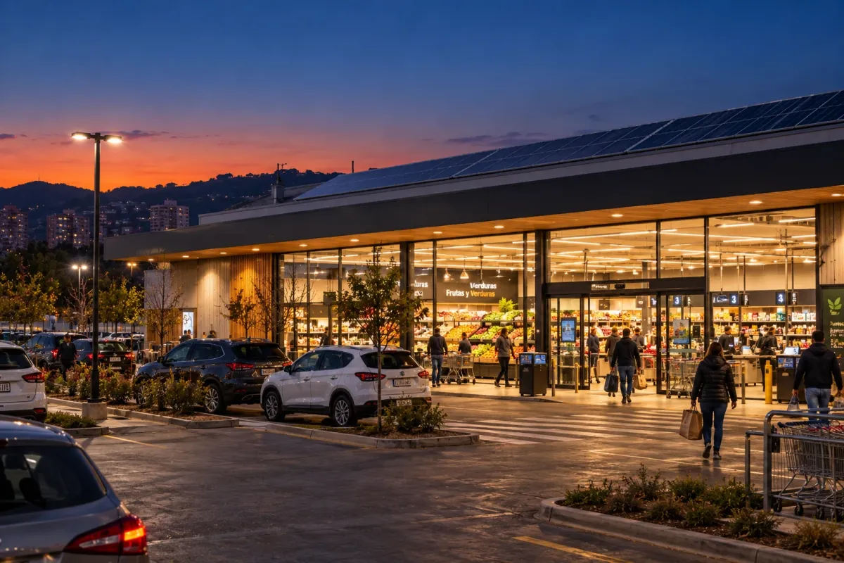 Supermercado iluminado con paneles solares en el techo, al anochecer
