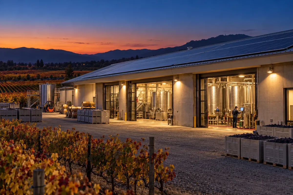 Bodega de vino con estanques iluminados y paneles solares en el techo, al anochecer